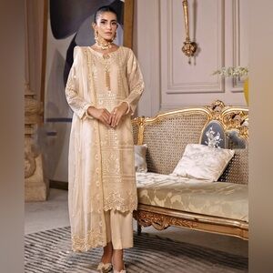 traditional skin colour embroidered dress qameez,trouser and dupatta pakistani